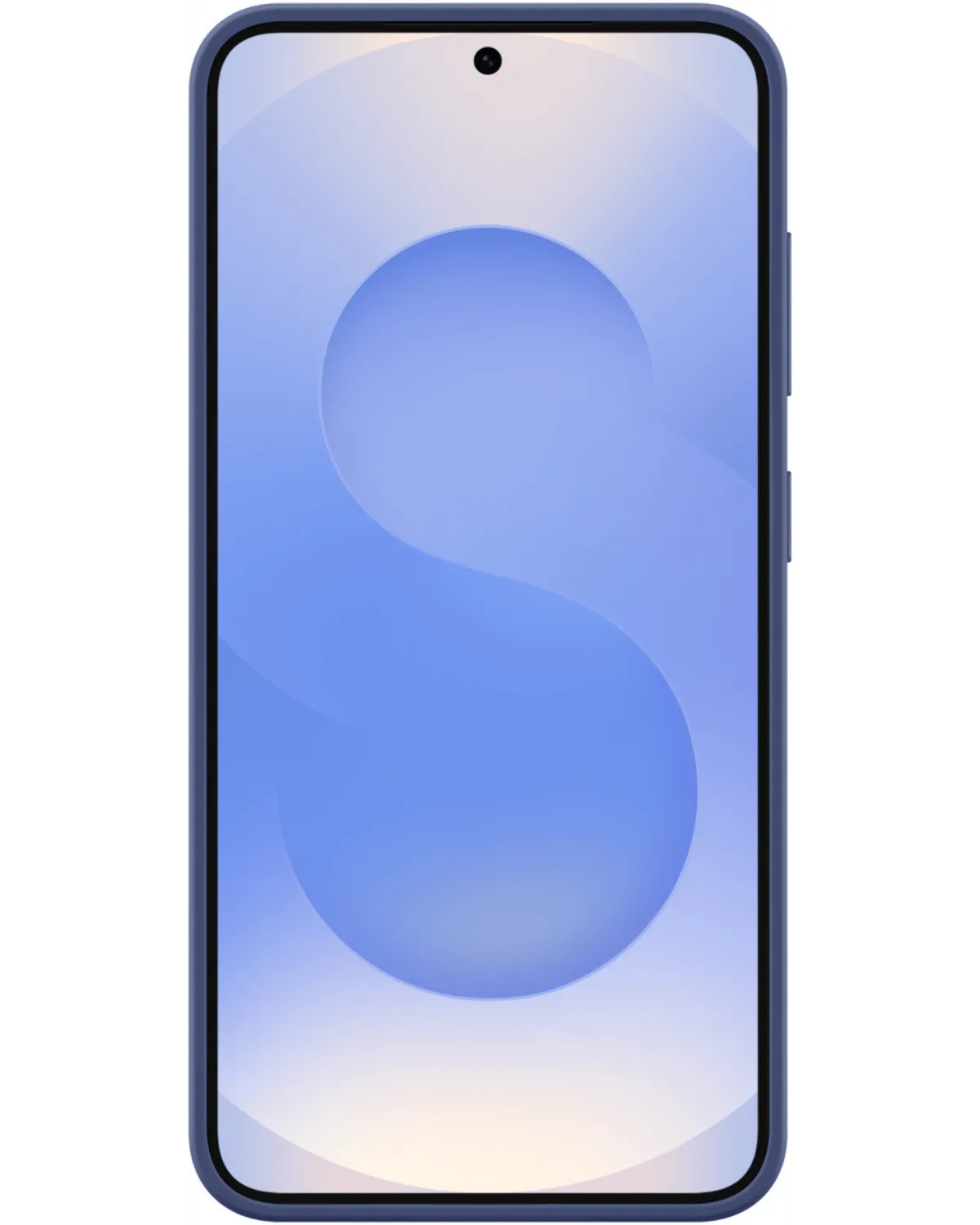 Vooraanzicht van de Samsung Galaxy S25 5G in een blauwe siliconen cover, strak en stijlvol design.