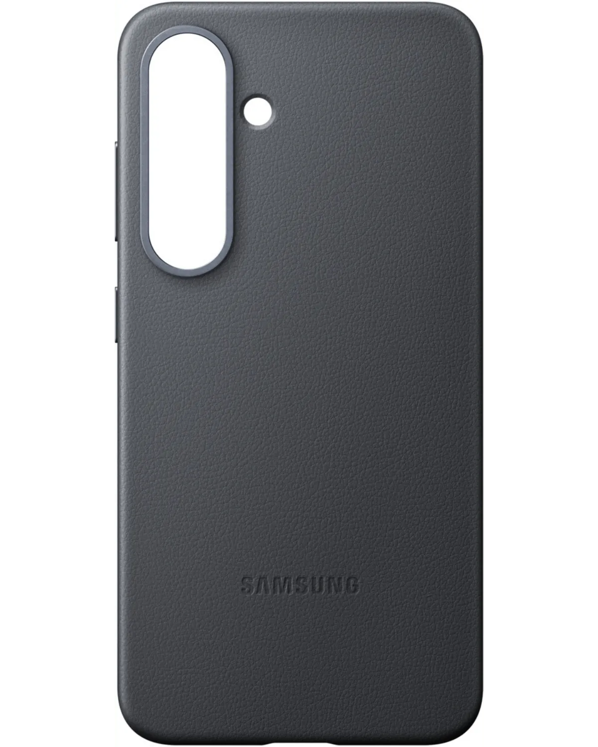 Achterkant van de zwarte Samsung Kindsuit Case, met een elegante textuur en uitsparingen voor de camera en flitser.