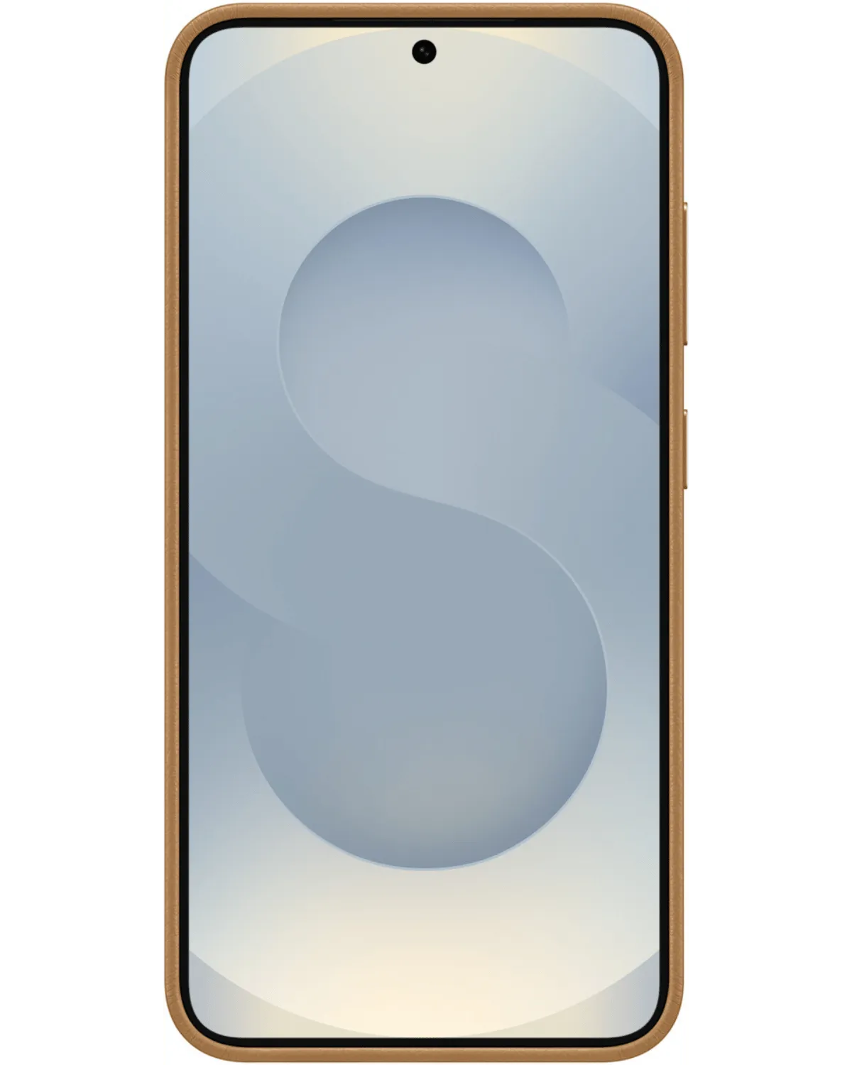 Vooraanzicht van de Samsung Galaxy S25 5G in de camel-kleurige Kindsuit Case, met een minimalistisch ontwerp en strakke randen.