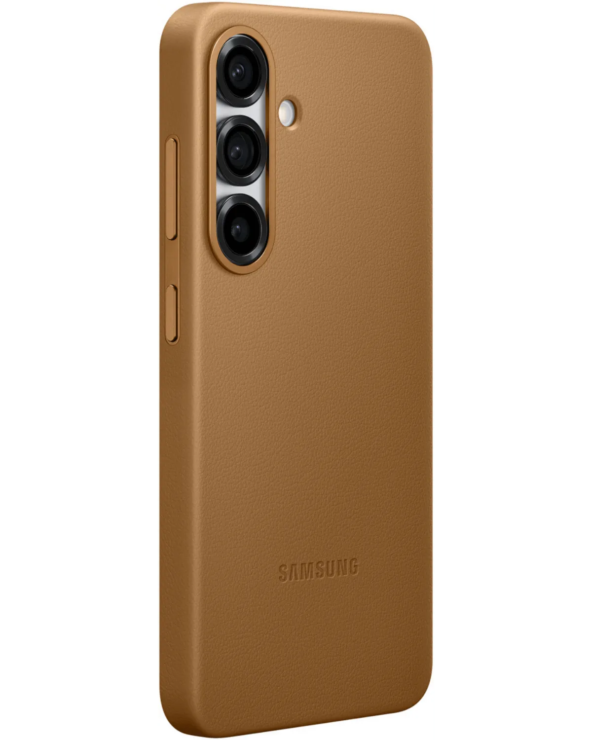 Zijaanzicht van de camel-kleurige Samsung Kindsuit Case, met precieze uitsparingen en een stijlvolle lederen afwerking.