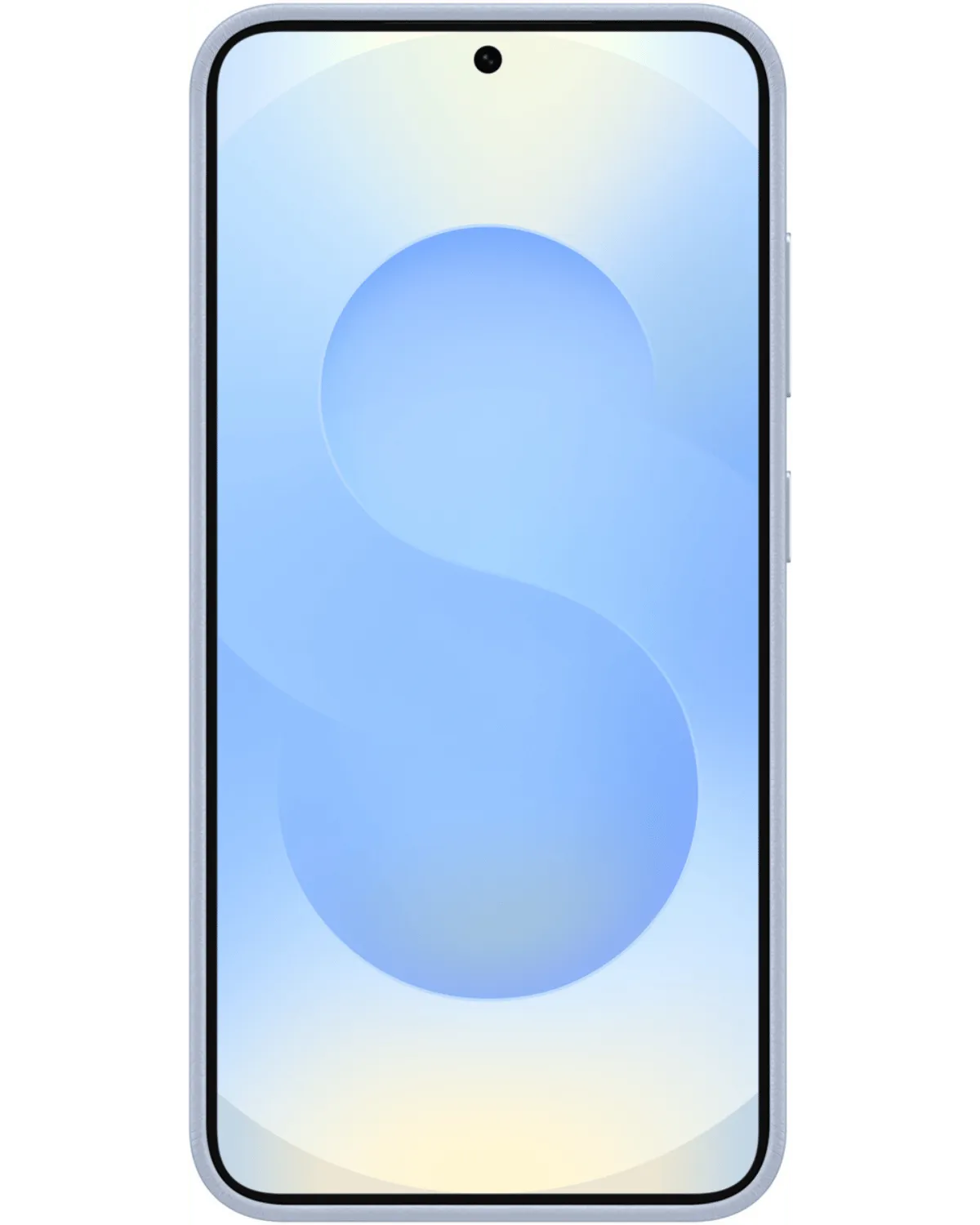 Vooraanzicht van de Samsung Galaxy S25 5G met lichtblauwe Samsung Kindsuit Case, strak design met een centraal geplaatste camera.