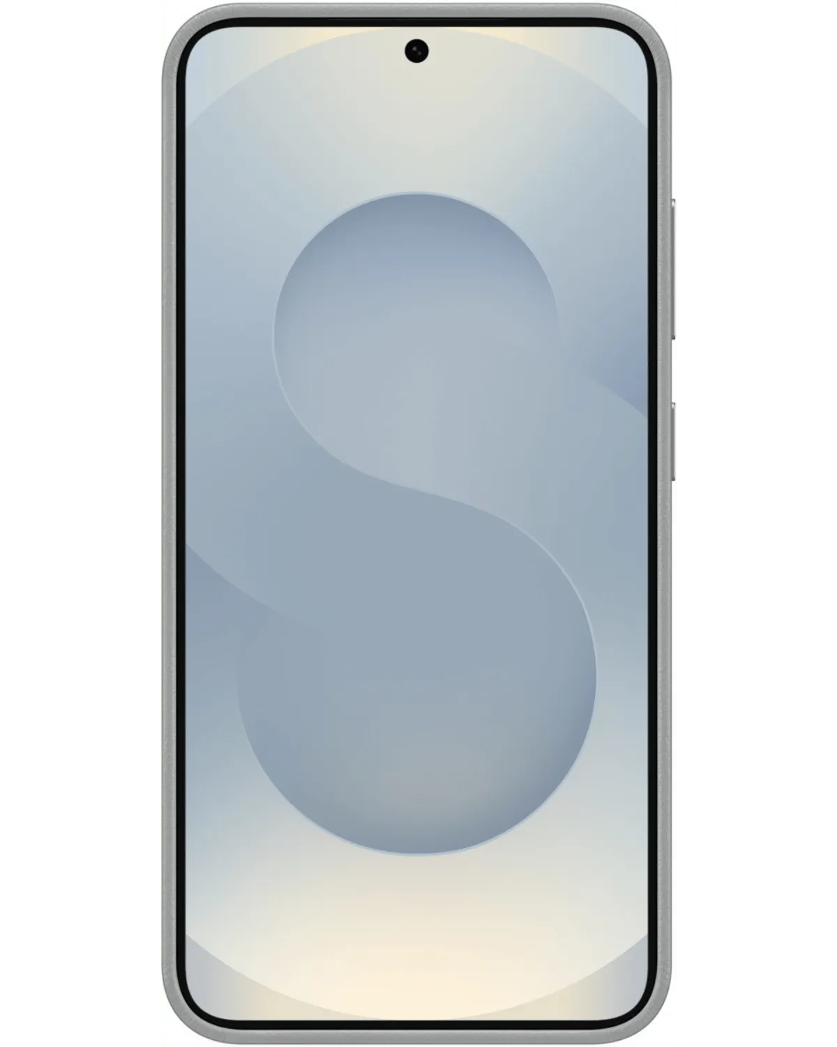 Vooraanzicht van de Samsung Galaxy S25 Plus 5G met premium grijze Kindsuit Case voor een elegante uitstraling.