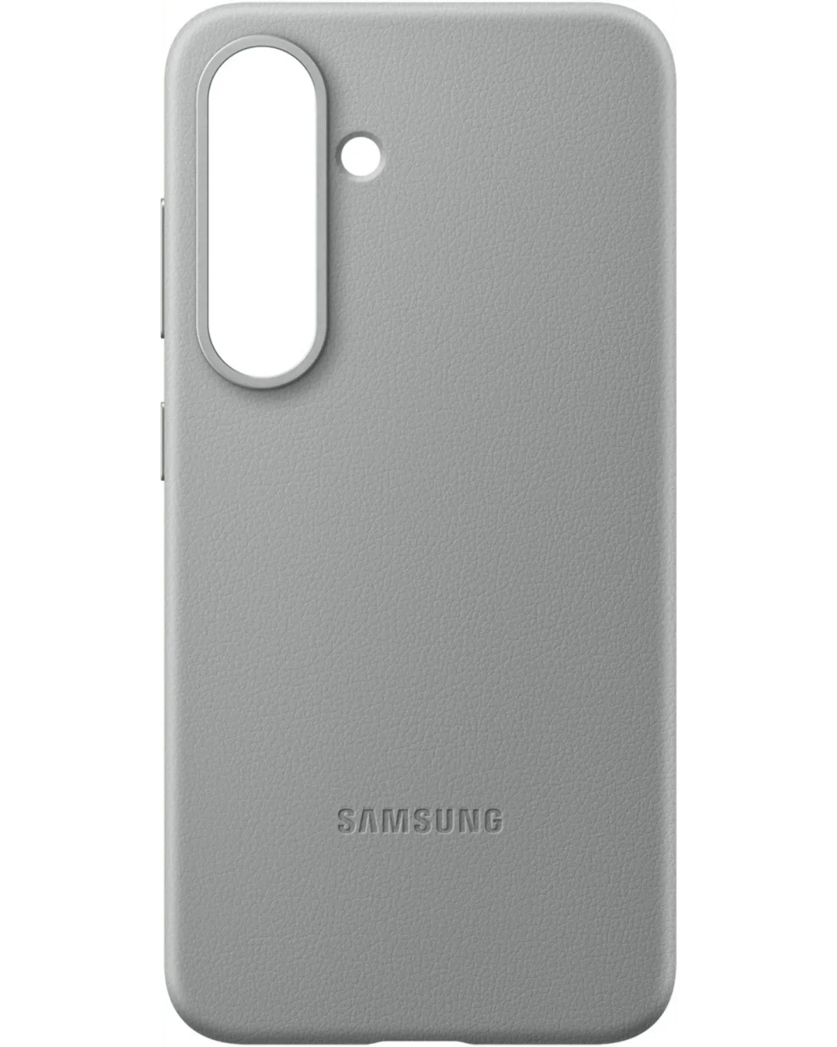 Achterkant van de grijze Samsung Kindsuit Case met precieze uitsparingen en een verfijnde, lederen textuur.
