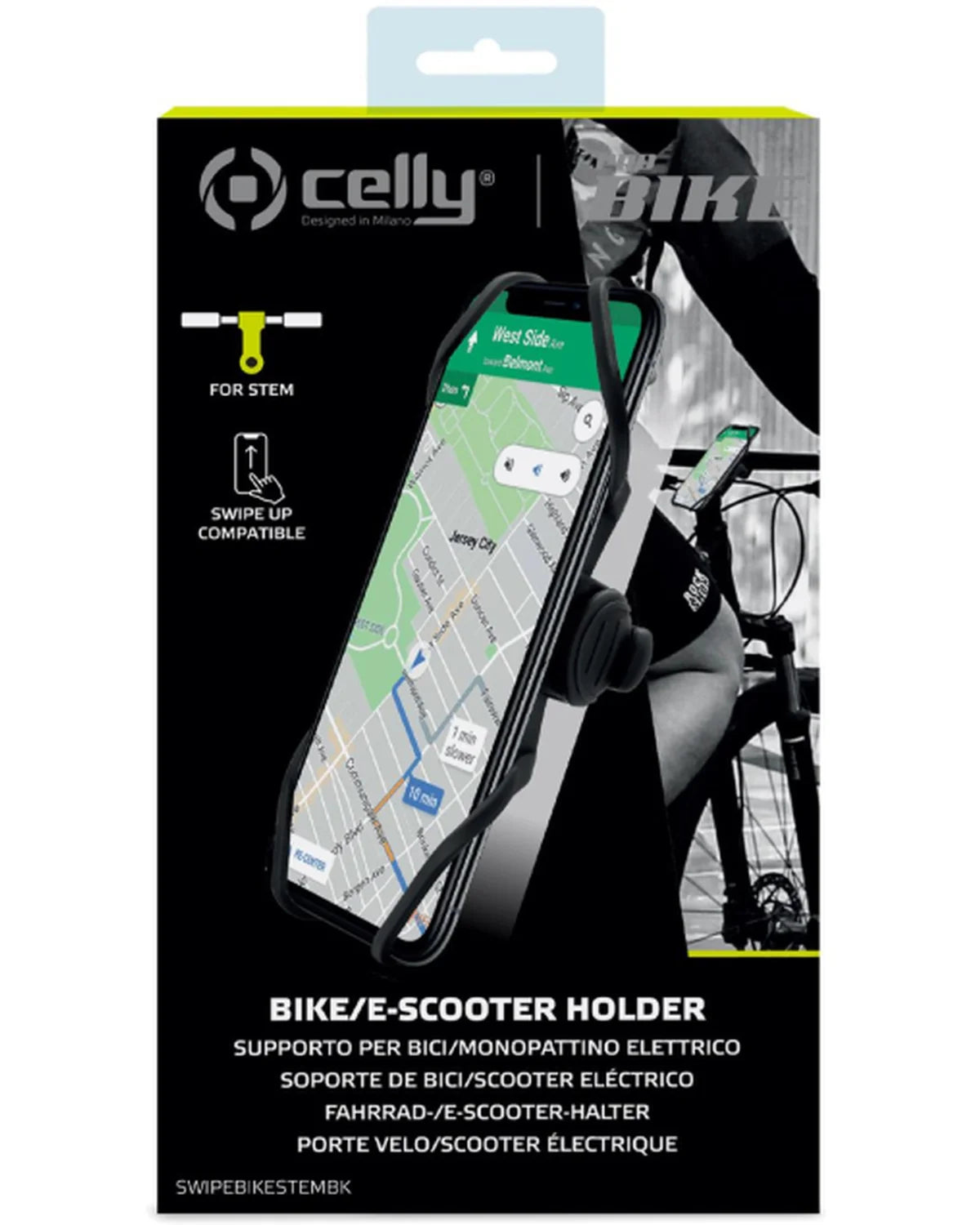 Celly SwipeBikeStem Universele Telefoonhouder voor Fiets – Zwart