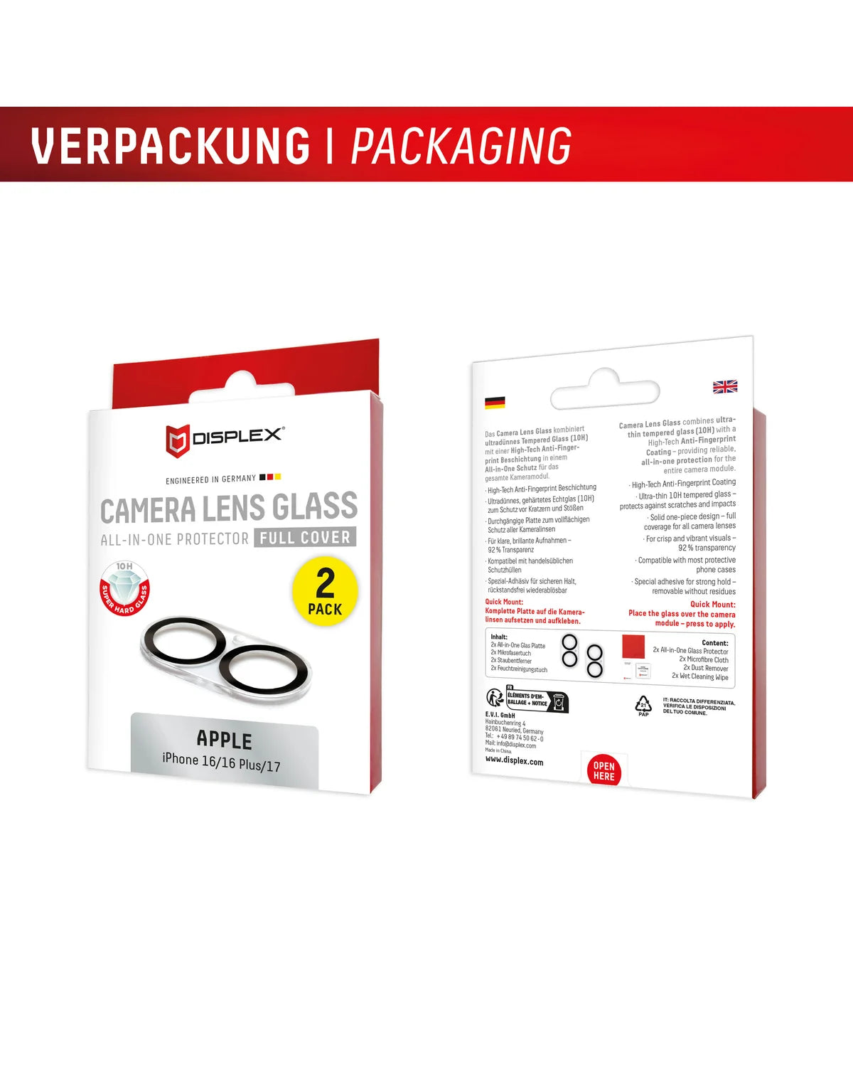 Displex CamGlass All-in-One Camera Screenprotector – Apple iPhone 16 / 16 Plus / 17