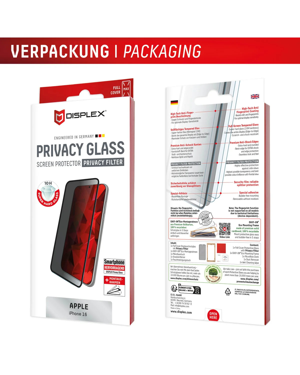 Displex Privacy Glass Full Cover Screenprotector – Apple iPhone 16