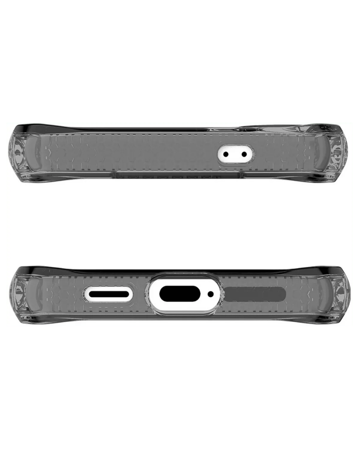 Onderkant van het Itskins Spectrumclear_R transparante smoke hoesje, met nauwkeurige uitsparingen voor poorten en speakers.