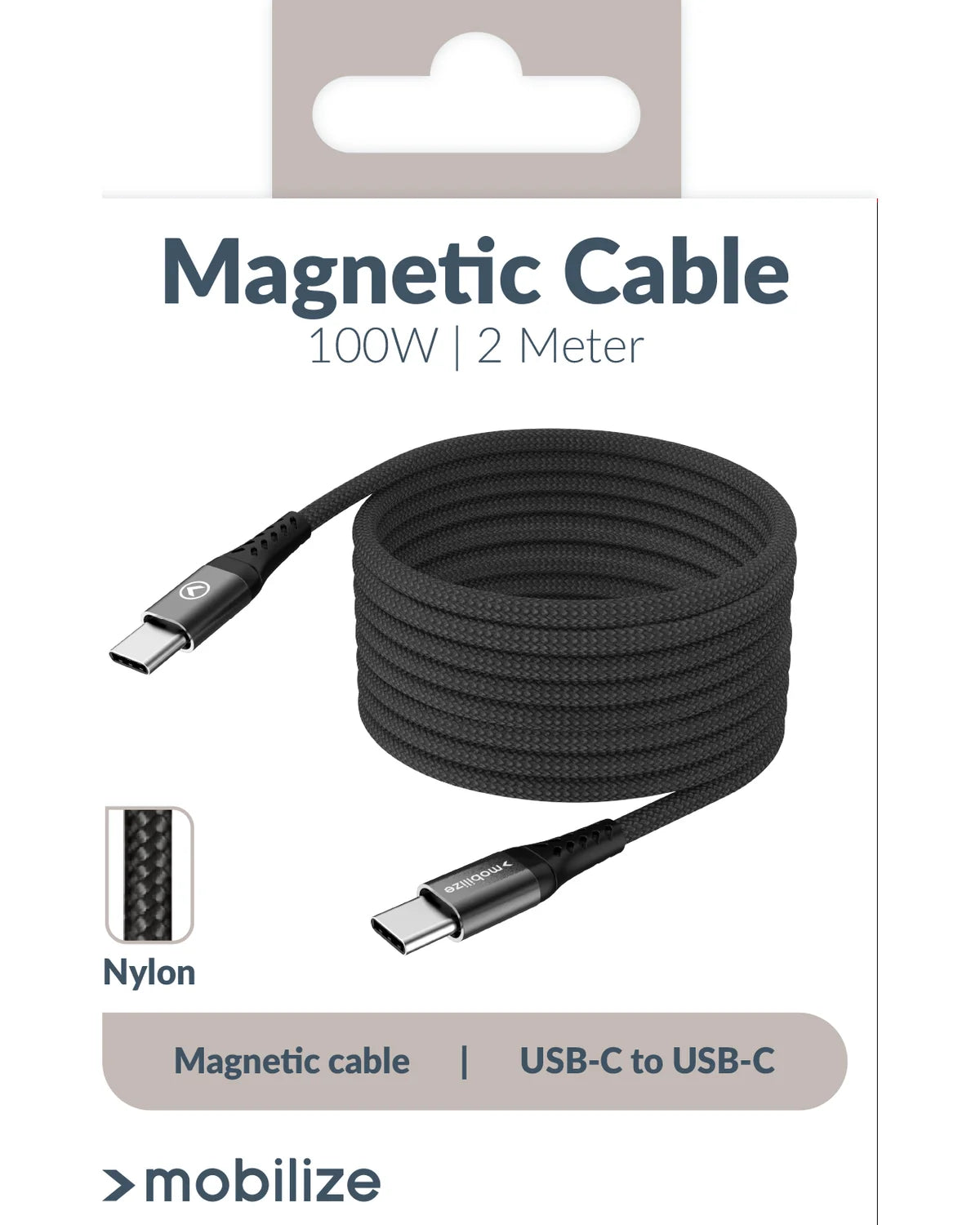 Mobilize Magnetische Nylon Kabel USB-C naar USB-C – 2m – 100W – Zwart