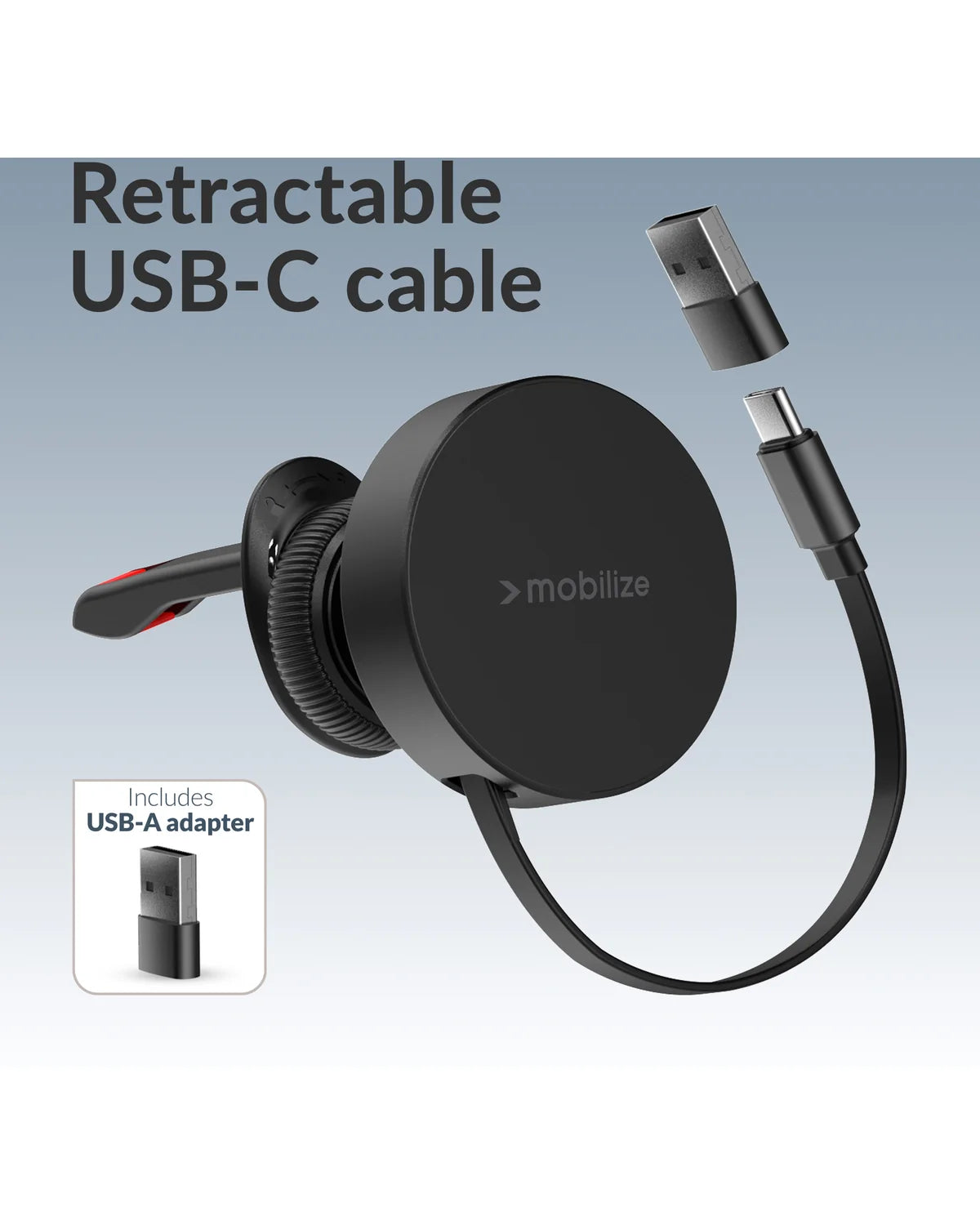 Mobilize MagSafe Compatibele Autohouder/Oplader – 7.5W/10W/15W – Met Uitschuifbare USB-C Kabel – Zwart