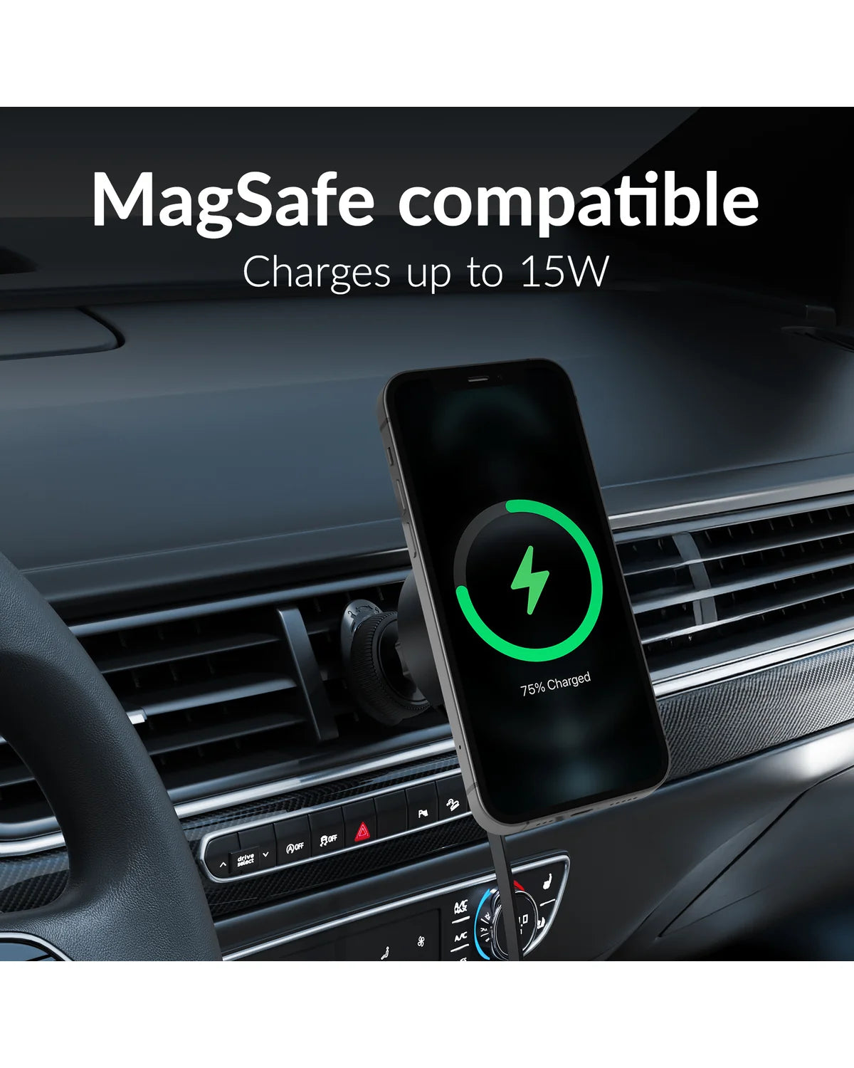 Mobilize MagSafe Compatibele Autohouder/Oplader – 7.5W/10W/15W – Met Uitschuifbare USB-C Kabel – Zwart