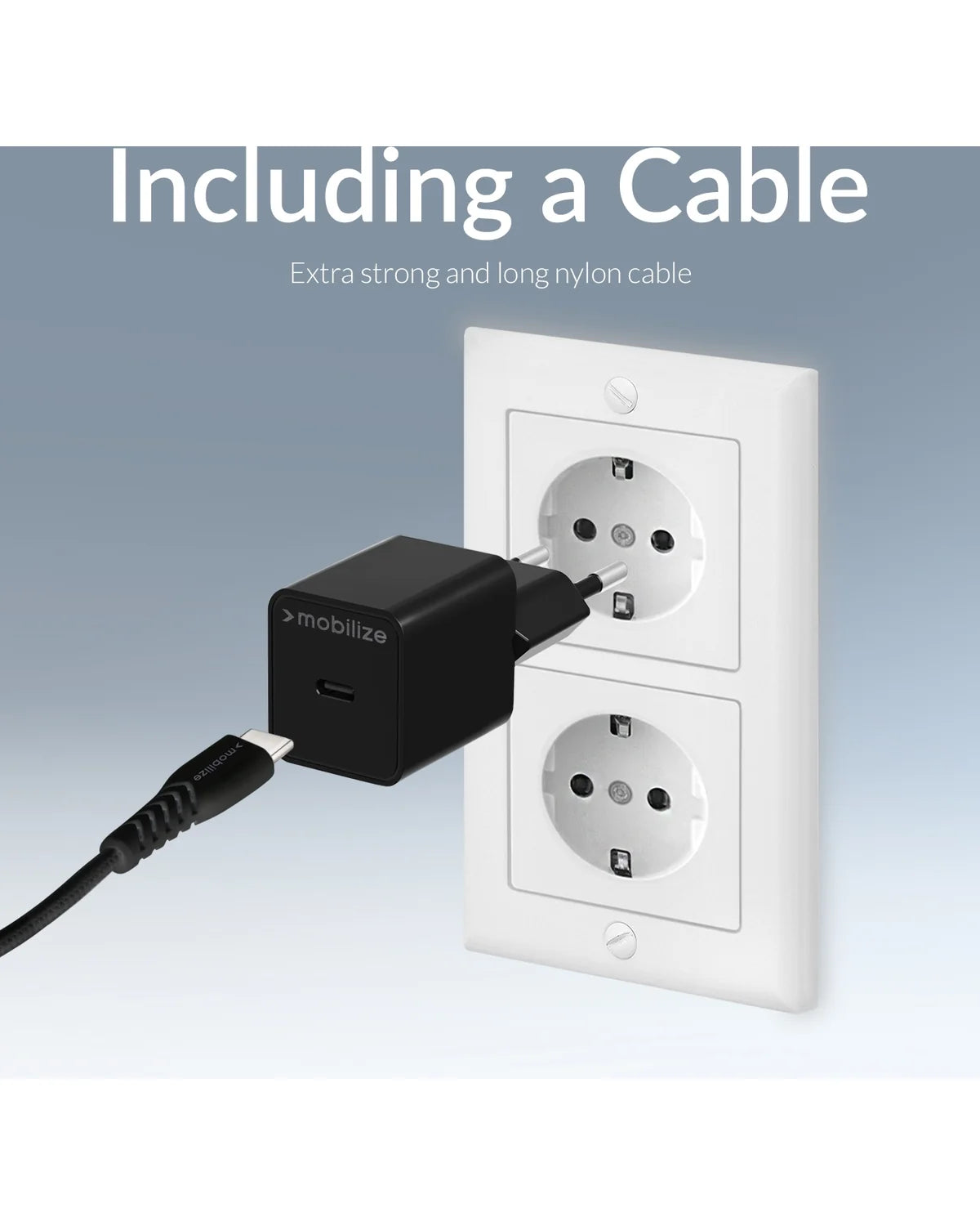 Mobilize USB-C Snellader 20W – PD/PPS – 1.2m USB-C Nylon Kabel – Zwart