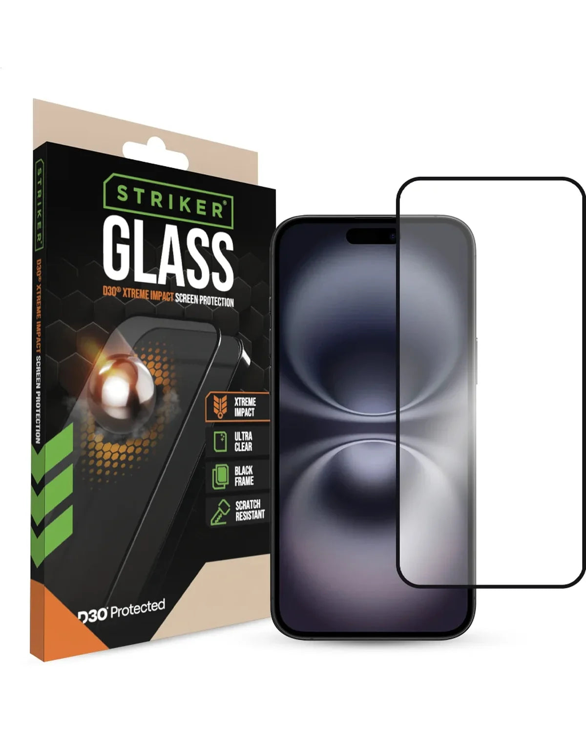 Striker D3O Xtreme Impact Glass Screenprotector Black Frame Apple iPhone 15 Plus / 16 Plus
