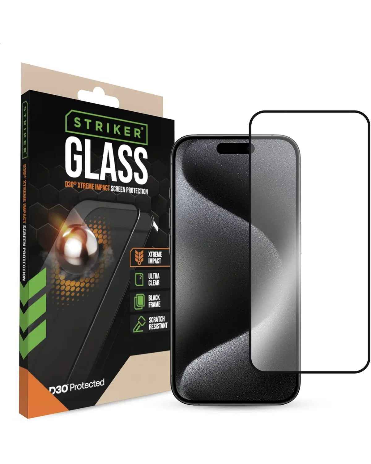 Striker D3O Xtreme Impact Glass Screenprotector Black Frame Apple iPhone 15 Pro