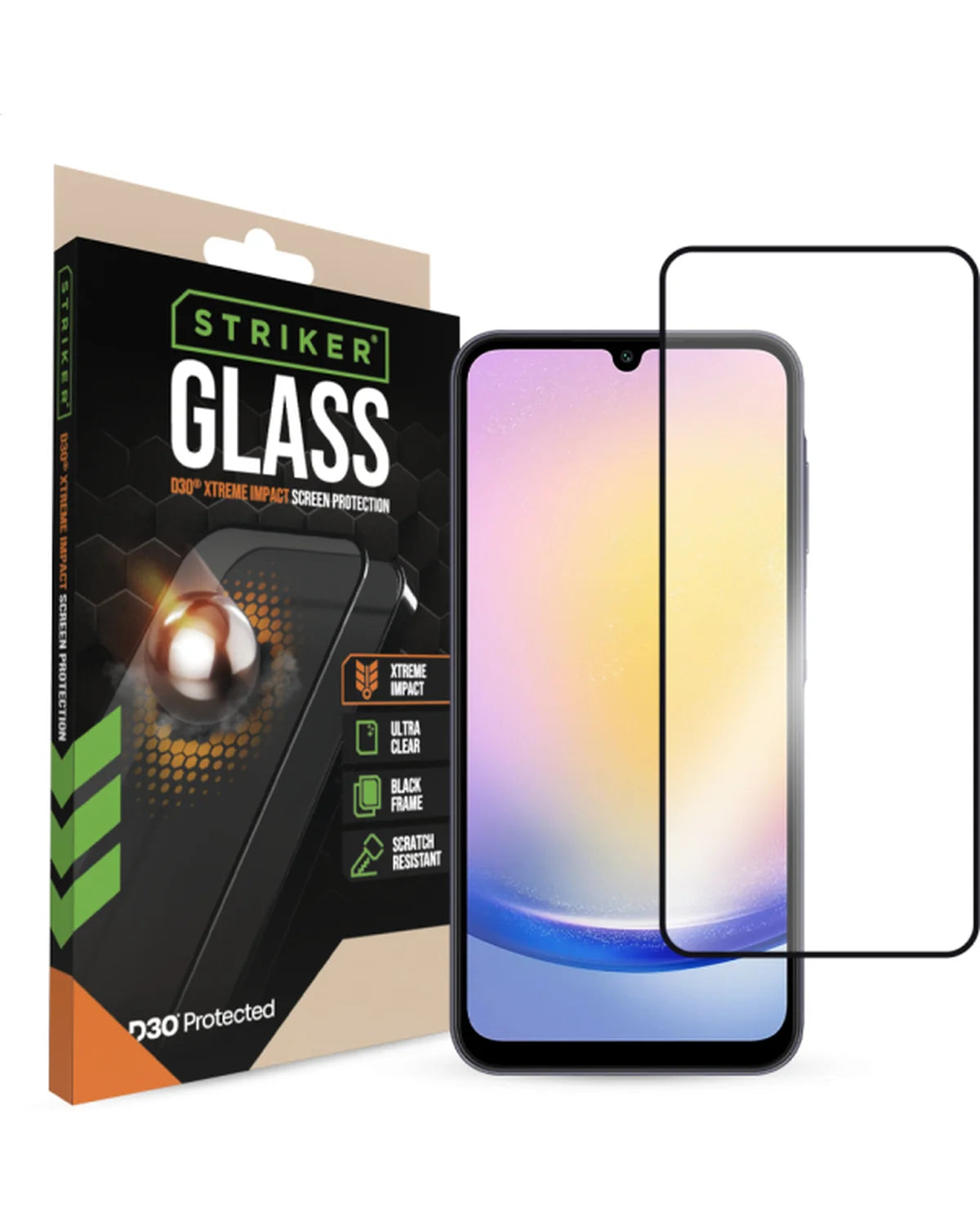 Striker D3O Xtreme Impact Glass Screenprotector Black Frame Samsung Galaxy A25 5G
