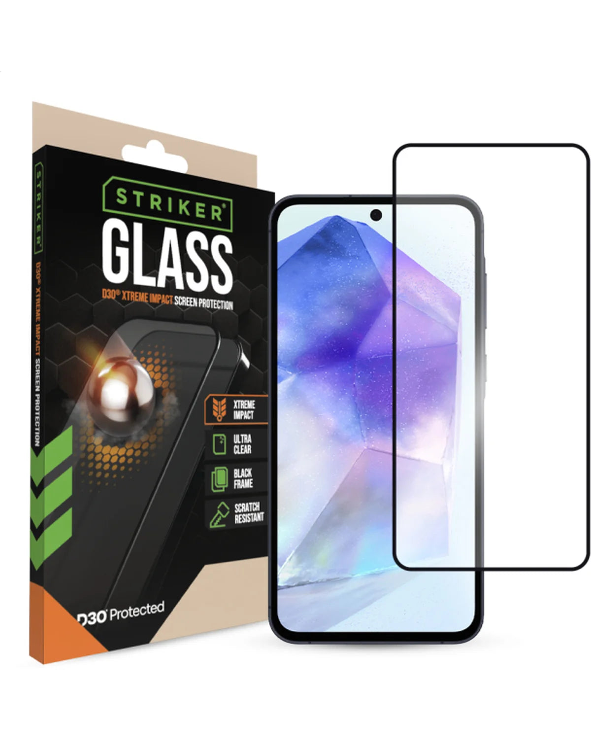 Striker D3O Xtreme Impact Glass Screenprotector Black Frame Samsung Galaxy A35 / A36 / A55 / A56 / S24 Fe