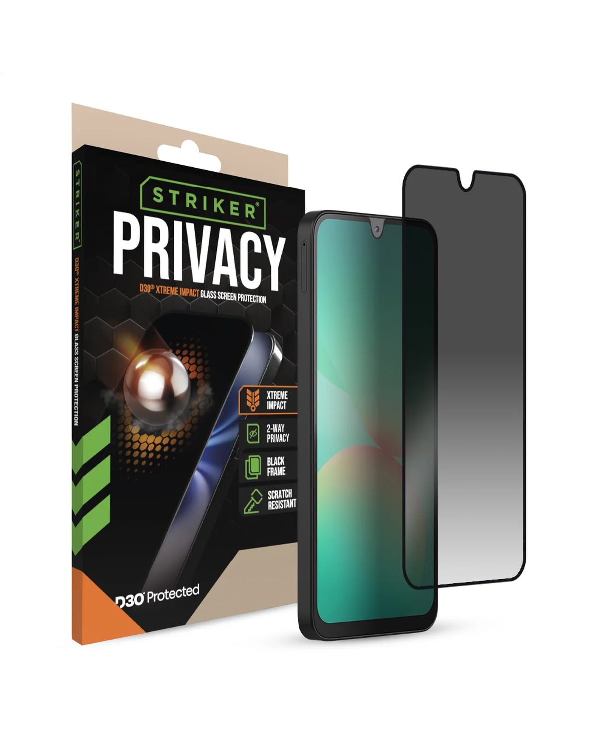 Striker D3O Xtreme Impact Privacy Glass Screenprotector – Zwart Frame - Samsung Galaxy A16 4G/5G / A17 4G/5G / A26 5G